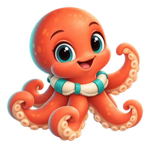 Ollie, an orange octopus wearing a life ring