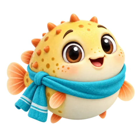 Puff, a cheerful pufferfish in a blue scarf