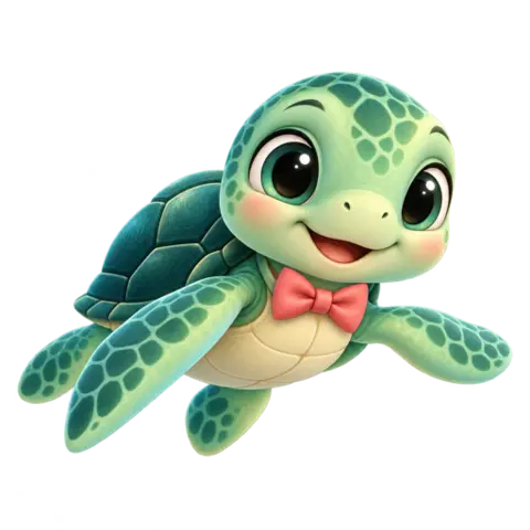 Tuck, a little green turtle with a coral bow tie